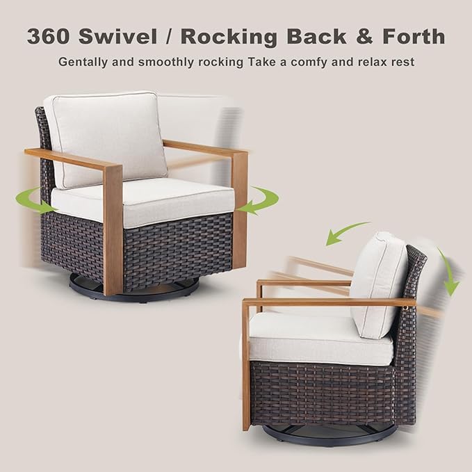 Rilyson Outdoor Wicker Patio Furniture Set - 4 Piece Patio Conversation Set with 2 Wicker Swivel Rocker Chairs,2 Rattan Ottoman, Thick Cushions, Deep Seating, Wide Armrest(Brown/Beige)