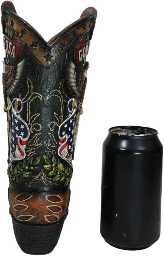 Ebros Gift Rustic Western Country USA American Flag God Bless USA Eagle Seal Crest Cowboy Boot Decorative Flower Bouquet Vase Or Planter Figurine 10" High
