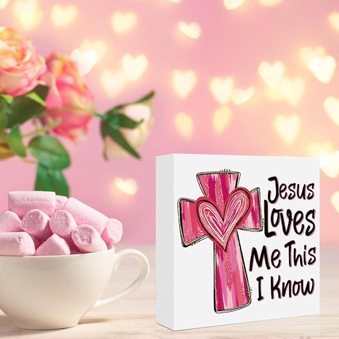 Valentines Day Decorations, Valentines Day Gifts for Her Him, Gift for Boyfriend Girlfriend, Pink Heart Cross Jesus Bible Verse Anniversary Christian Wooden Box Sign Wife Home Office Desk Decor