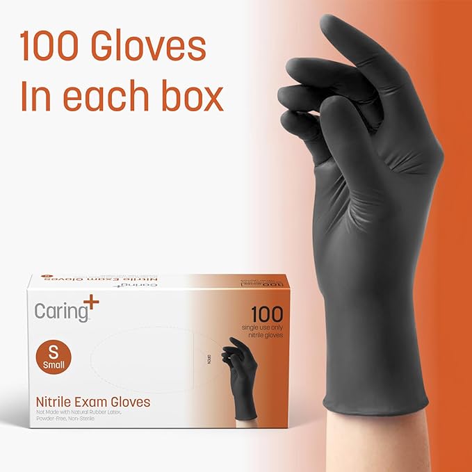 Caring Nitrile Exam Gloves, 100 Count, Powder Free and Without Natural Rubber Latex, Gloves for Cleaning, Food Prep, Black