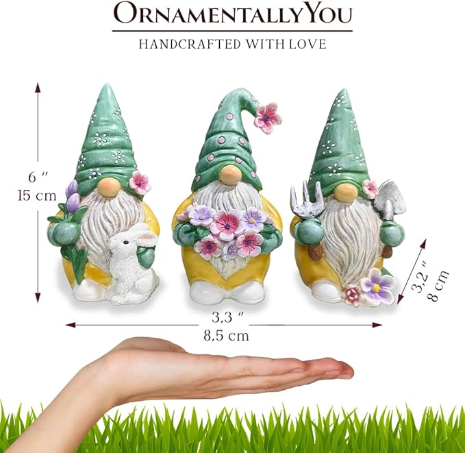 Spring & Summer-Themed Garden Statues – Adorable Outdoor Decor for Lawn, Patio & Porch (Garden Guardians Set of Three 6" Gardening Gnome Figurines, Floral Green and Yellow Statue Decor)