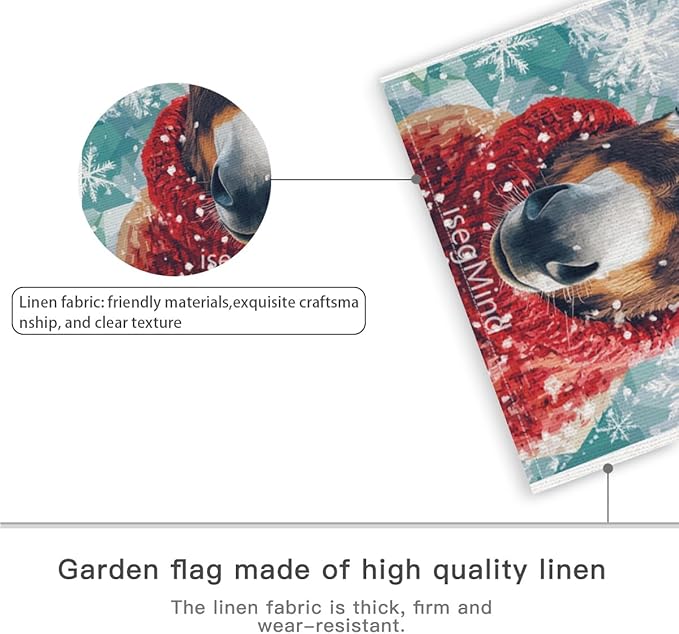 Donkey with Red Scarf and Hat Snowflake Christmas Garden Flag, 28x40 Inch Double Sided Linen Holiday Red Winter Farmhouse Yard Outdoor Decoration (4339)