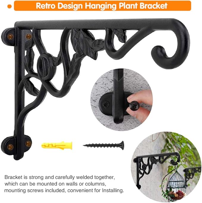 Heavy Duty Hanging Plant Brackets, 2pcs 13 Inch Hand Forged Iron Wall Mount Bracket Durable Rust-Resistant Plant Hanger Hook for Hanging Plants Bird Feeder Lantern Wind Chimes