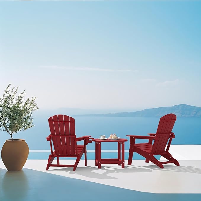 Plawdlik Folding Adirondack Chair Set of 6 with Cup Holder，Wooden Textured ，Heavy All-Weather HDPE Comfortable Set Poolside Backyard Lawn, Red