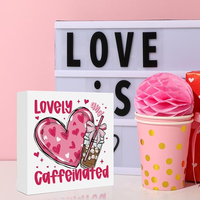 Valentines Day Decorations, Valentines Day Gifts for Her Him, Gift for Boyfriend Girlfriend, Pink Heart Bow Coffee Anniversary Wooden Box Sign Husband Wife Coffee lover Home Office Bedroom Desk Decor
