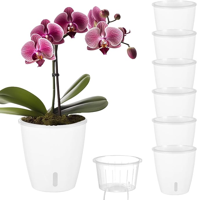 KvyusFlourish Self Watering Pots for Indoor Plants, 6-Pack 5'' Self Watering Planter with Drainage Holes, Small African Violet Pots with Water Indicator, Clear Wick Orchid Pot, White