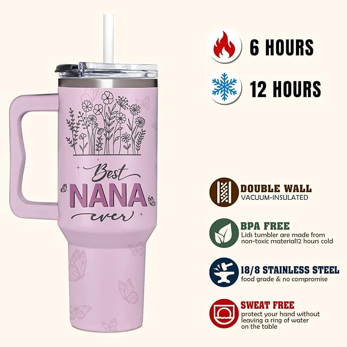 Nana Gifts from Grandkids, Granddaughter, Grandson - Best Nana Ever Gifts for Women on Birthday, Mother's Day, Christmas, Valentines Gift for Nanas - Tumbler 40oz With Handle, Lid, and Straw