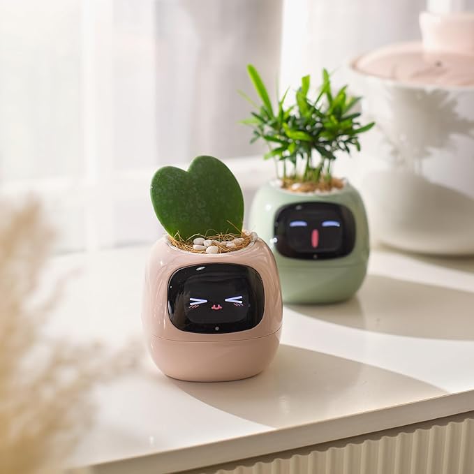 PLANTSIO Smart pet Planter Robot Guidance on Plant Care with Emojis, Adorable Plant Companion with Rich Gesture Interaction, Neat Desk Setup Gift (Pink)