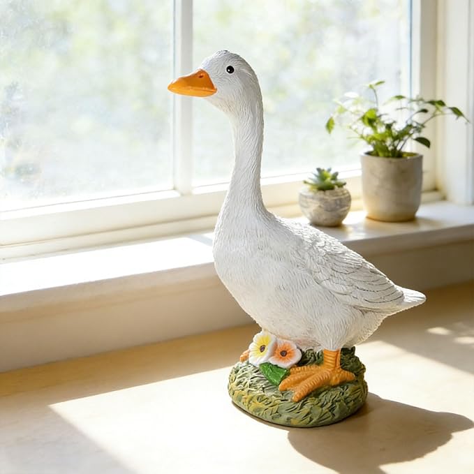 Garden Outdoor Decor Goose Flower Statue, 9.5 Inch Goose Figurines Garden Statues & Sculpture Decor for Patio, Porch and Lawn, Goose Memorial Stone