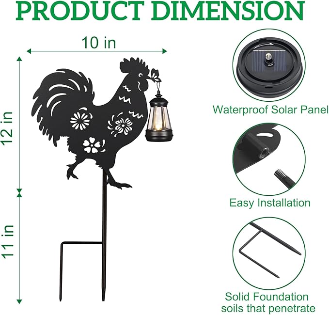 2Pack Solar Outdoor Garden Lights Stakes Solar Metal Flower Rooster Lawn Deco Statue Ideal for Chicken Lovers for Yard Art, Outside, Patio, Outdoor Decor, Garden Decorations, Lawn Ornaments