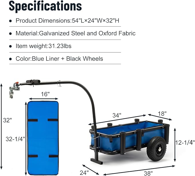 Beach Fishing Cart, w/10 Big Wheels Black PU Solid Balloon Tires for Sand, Fishing Wagon Cart Large Capacity with 32-1/4" L x 16" W Liner and PP Plate, Heavy Duty Surf Cart w/Bicycle Hitch