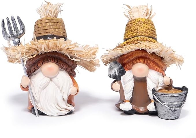 Hodao Farmer Gnomes Figurines — Rustic Resin with Straw Hats & Farm Tools, Hand-Painted Farmhouse Decor & Gift for Gardeners, Home, Porch(Orange)