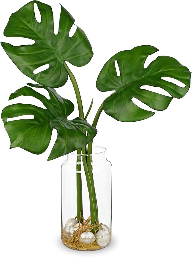 Oairse Artificial Monstera Leaves Plant in Glass Vase with Faux Water & Pebble - 16.5" Fake Tropical Plants Turtle-Back Plant Leaves Monstera Stem Greenery for Home Indoor Centerpiece Farmhouse Decor