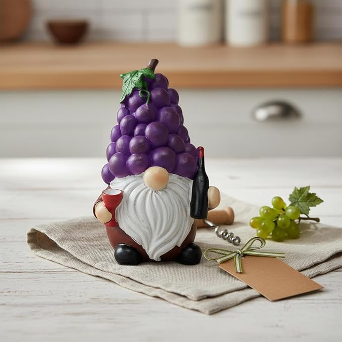 Funny Whimsical Garden Gnome Statue, 5.9 Inch Grape-Shaped Resin Decor with Wine Bottle & Glass, Outdoor/Indoor Yard Patio Ornament for Home Garden Decorations