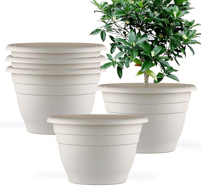 RooTrimmer Plant Pots Set of 5, 10" Outside Diameter Flower Pots, 8.5" Inner Diameter Plant Planters with Drainage Hole, Durable Garden Pots Perfect for Indoor & Outdoor Plant Planting, Decor, White