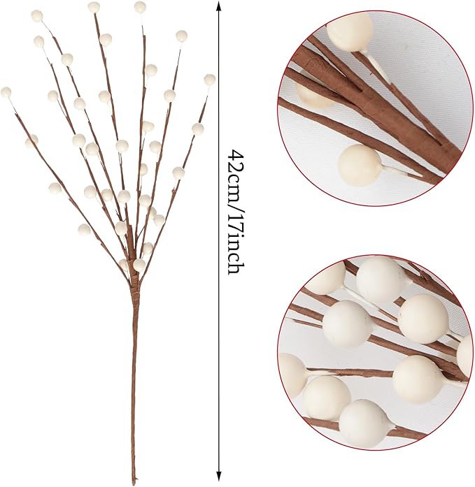 Fumwase 15 Pcs Artificial White Berry Stems and Picks for Christmas Tree, Valentines, Home, Holiday, Wedding, DIY Crafts Decor
