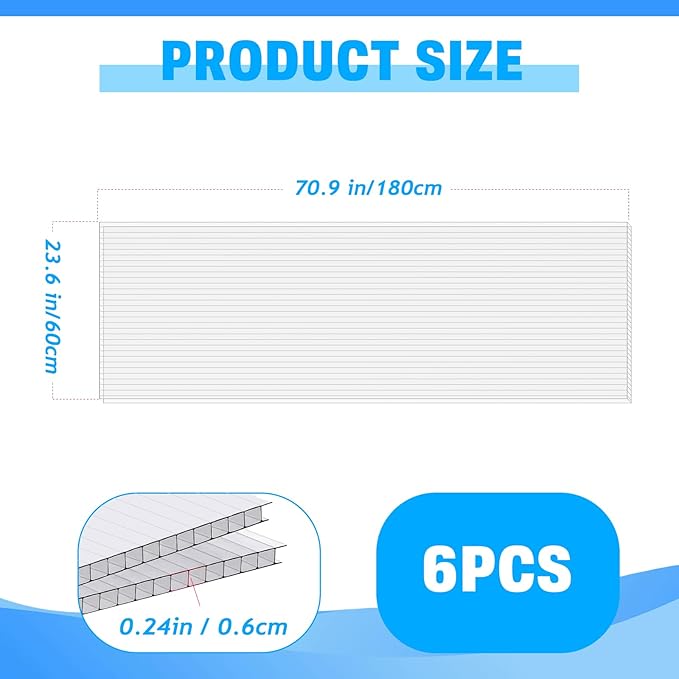 6 Pack Polycarbonate Greenhouse Panels, 6' x 2' x 0.24" Twin-Wall Polycarbonate Sheets for All Weather Green house Covering, Clear Greenhouse Panels, Excellent Light Transmission & Weather Resistance