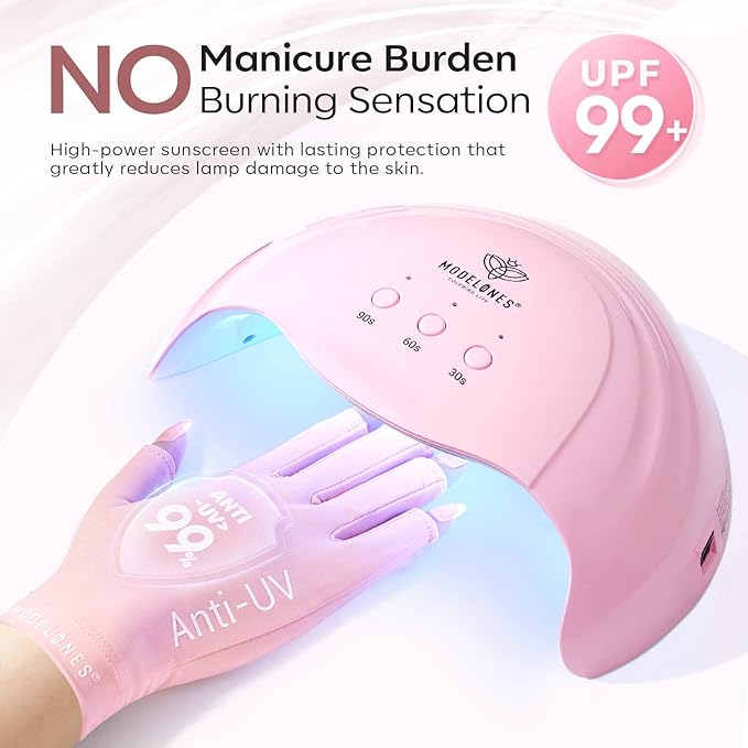 modelones UV Gloves for Gel Manicures, Professional UPF99+ Anti UV Protection Gloves for Gel Nail Lamp (Pink)
