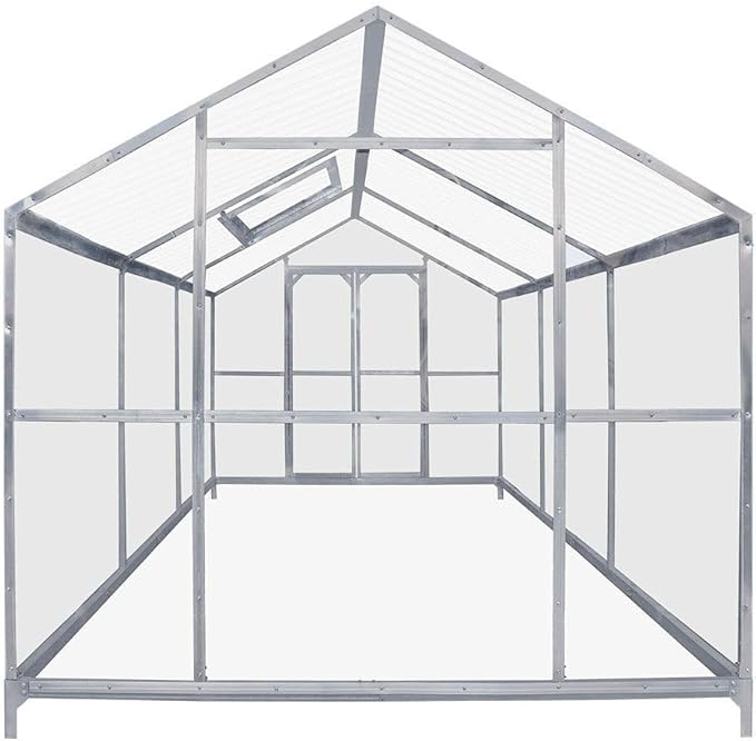 Year-Round 8x10ft Greenhouse with 4mm Twin-Skin Polycarbonate Top Crystal-Clear Hard Panel Walls Galvanized Robust Frame Ground Anchors Manual Airflow Regulation Vents Optimized Sun Exposure