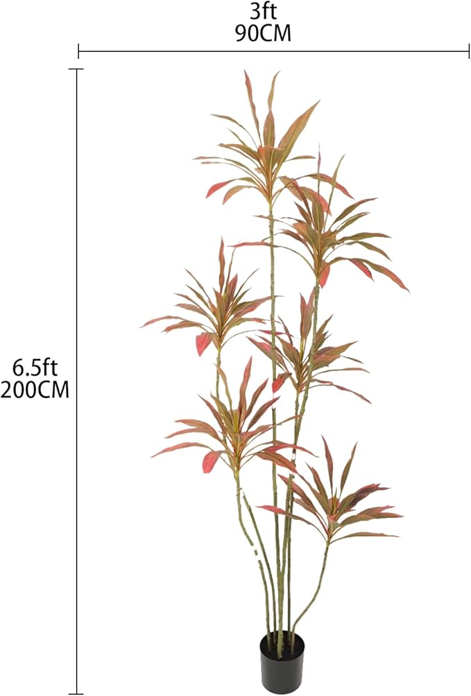 Artificial Cordyline Plant, Indoor Potted Plant, 6 Stems with Black Planter, Suitable for large indoor living room decorations, potted plants, and window display scenes (Red-7ft)