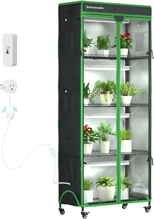 Indoor Greenhouse with Grow Light, 35.8" W x 17.8" D x 71.8" H, 5-Tier Plant Shelf with 3-Color T8 Growth Lights, Plant Stand with Smart Timing Plug and thermohygrometer