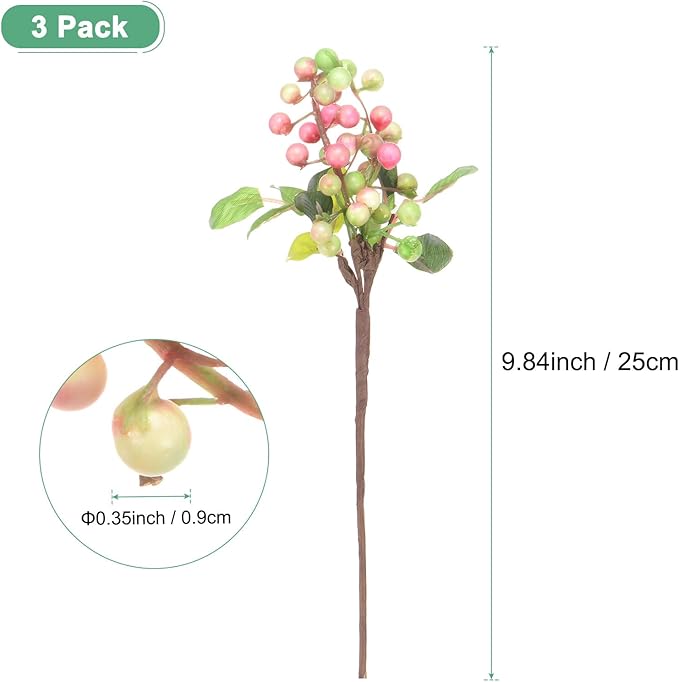 3-Pack Artificial Berry, 9.8 Inch Faux Holly Berry Foam Faux Frosted Berries with Stems for Home/Wedding/Christmas/DIY/Party/Garden/Office [White Pink]