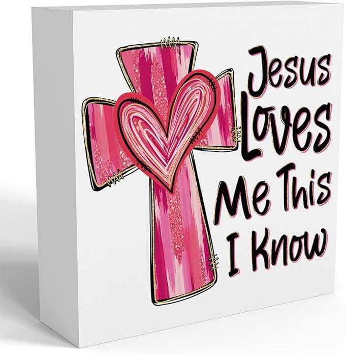Valentines Day Decorations, Valentines Day Gifts for Her Him, Gift for Boyfriend Girlfriend, Pink Heart Cross Jesus Bible Verse Anniversary Christian Wooden Box Sign Wife Home Office Desk Decor