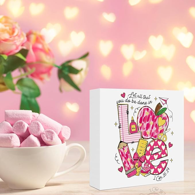 Teacher Valentine Decor Gift, Vintage Valentines Day Gifts for Teachers, Teacher Appreciation Gifts, Birthday Retirement Thank You Gift, Pink Love Pencil Wooden Box Sign for Office Desk Decor