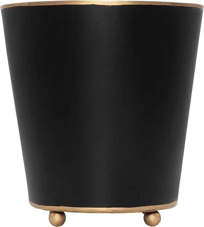 Jaye's Studio Mattie Black, Decorative Round Cachepot & Planter, Matte Black, Gold Trim & Finish, Hand-Painted, Handcrafted Metal, Luxury Indoor Planter, Size 6"
