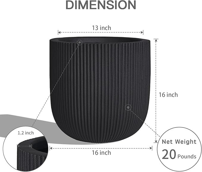 TerraDeco 16 Inch Handmade Concrete Outdoor Planter - Classic Striped Design | Fiberglass & Composite Material | Durable for Commercial & Home Decor