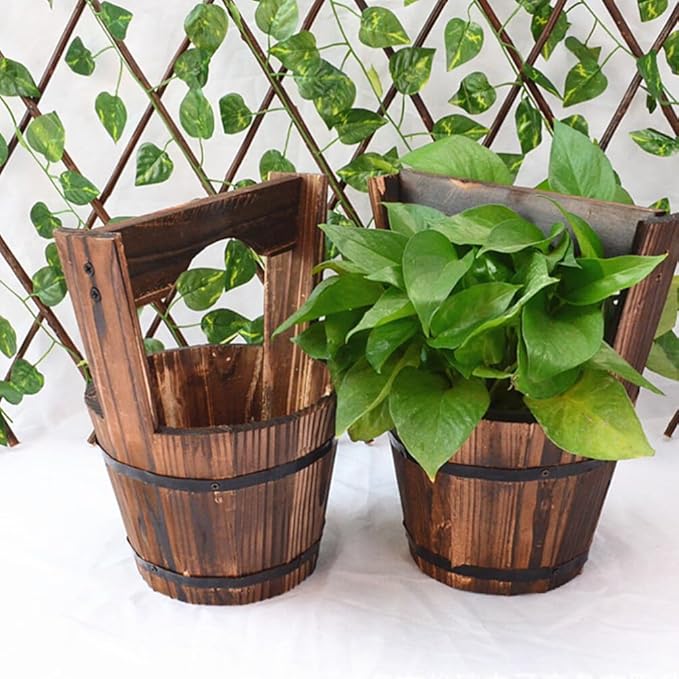 GANAZONO Wooden Bucket,Water Wishing Well Pail Vintage Style Primitive Planter Rustic Flower Planters Pots Container for Garden Home Plants
