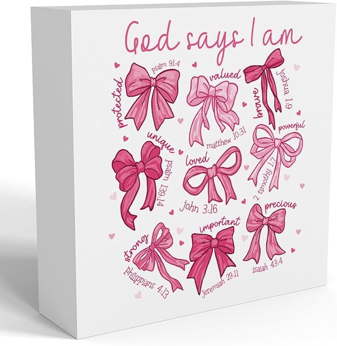 Valentines Day Decorations, Valentines Day Gifts for Her Him, Gift for Boyfriend Girlfriend, Romantic Pink Bow Bible Verse Anniversary Christian Wooden Box Sign Husband Wife Home Office Desk Decor