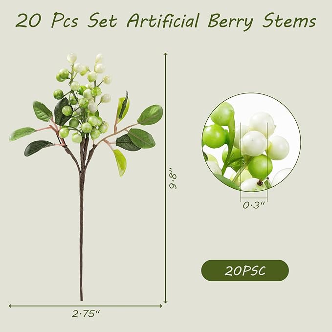SHACOS Artificial White Berry Stems 20 PCS Pack Fake Berries Branches Spray with Green Leaves 9.8 inch Small Berry Picks for Christmas Decorations Crafts Filler Holiday Home Decor, White