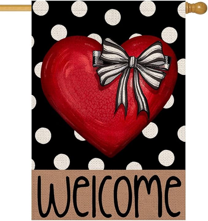 Polka Dot Red Heart with Bow Welcome Valentines House Flag 28x40 Inch Double Sided Outside Love Outdoor Seasonal Decorative Large Garden Decorations