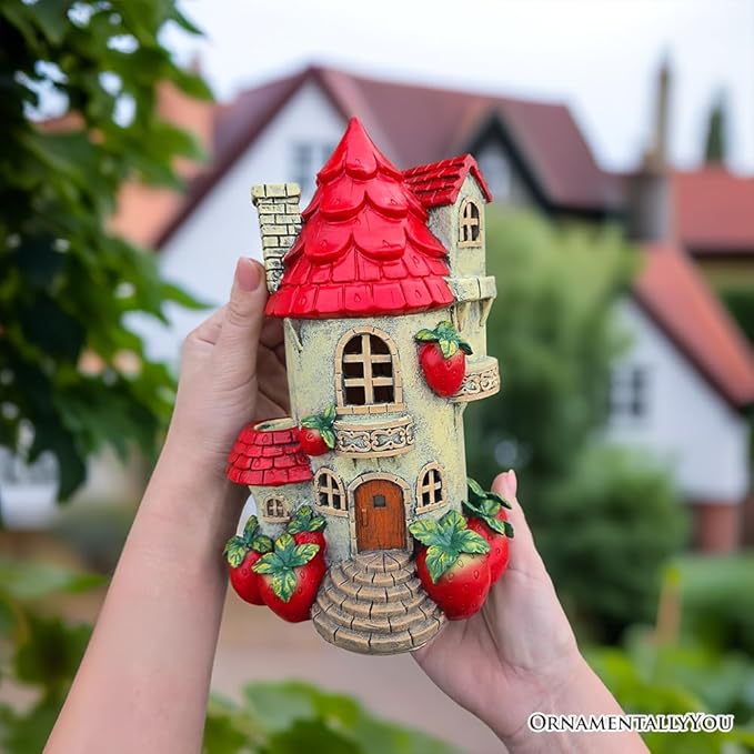 OrnamentallyYou Spring & Summer-Themed Garden Statues – Adorable Outdoor Decor for Lawn, Patio & Porch (Solar Powered Strawberry Fairy Home Garden Statue, 10" Unique Spring Decoration)