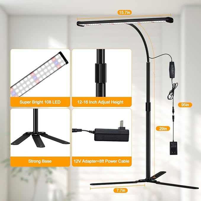 Super Bright Grow Light for Indoor Plants, 6000K 108LEDs Full Spectrum Gooseneck Plant Lamp with Timer 4/8/12 Hrs, 12V/3A High Power Adjustable Height 12-16” for Home Office Desk Plants