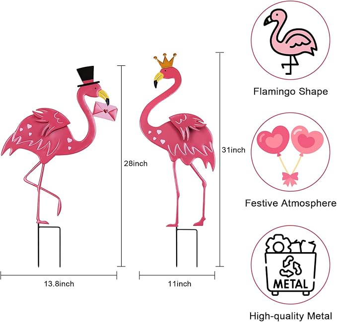 hogardeck Valentines Day Decorations Outdoor, 2 Pcs 31" Metal Flamingos Decorative Garden Stakes for Valentines Day Decor, Yard Sign for Home Outside Lawn Porch Anniversary Wedding Party
