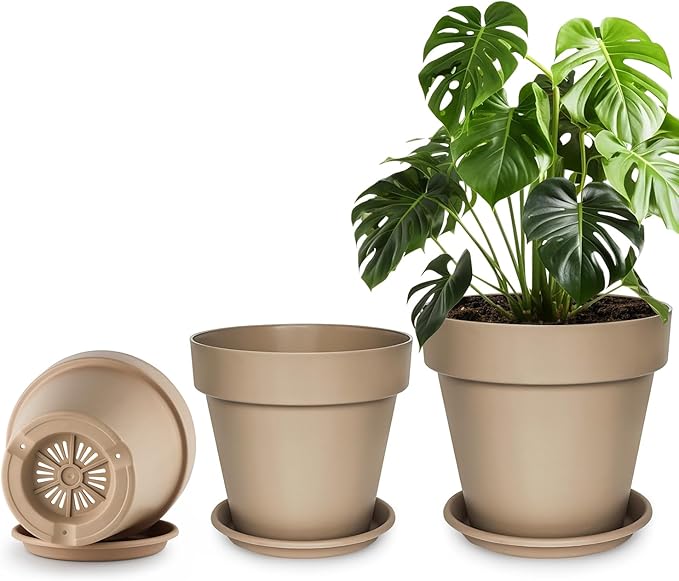 RooTrimmer 3-Pack 8/9/10 Inch Plastic Plant Pots with Saucers – Durable BPA-Free Planters with 21 Drainage Holes, Bottom Watering Design for Indoor & Outdoor Use, Succulents, Herbs, Flowers – Khaki