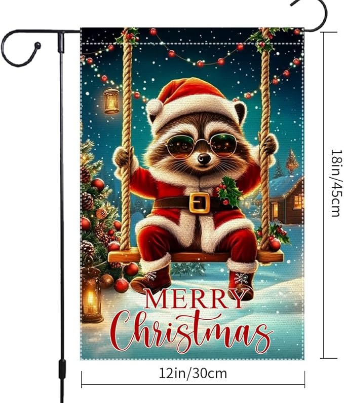Christmas Garden Flag 12x18 Inch Double Sided Burlap Holiday Yard Flag Cute Raccoon in Santa Outfit Swinging with Lights Small Winter Outdoor Decorations for Lawn Porch