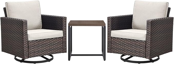 Rilyson Outdoor Patio Swivel Rocker Chairs - 3 Piece Wicker Patio Furniture Bistro Swivel Rocking Chairs Set with Comfortable Cushions,Sturdy Metal Frame and Side Table for Porch Deck(Brown/Beige)