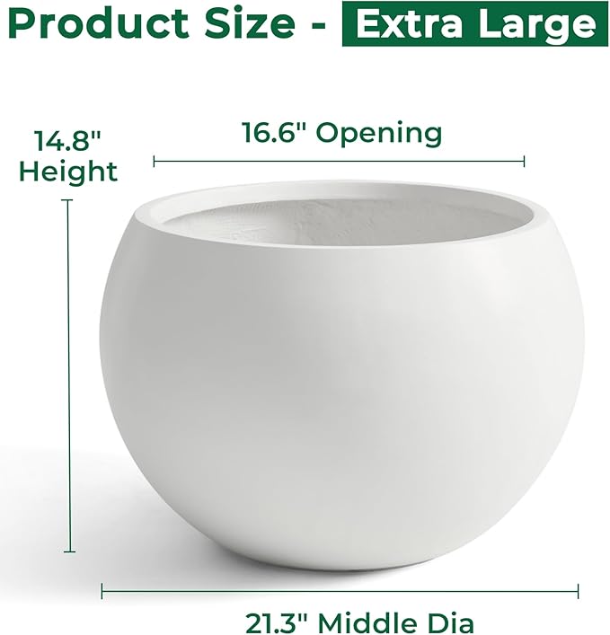 FloraFairy 21.3" D Fiberstone Extra Large Planter, 16.6" Pot Opening x 14.8" H, Spherical Flower Pot with Drainage Hole, Weather Resistance Indoor Outdoor Planters, White