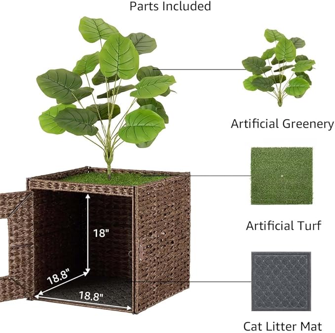unipaws Cat Litter Box Enclosure with Faux Plant and Litter Mat, Hidden Handwoven Rattan Planter Cat House Furniture, DIY Decoration on Square Top by Yourself, for Living Room, Bedroom, Corner