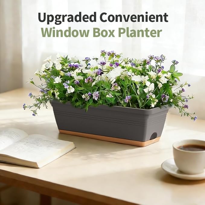 Window Box Planter, 6 Pack Plastic Vegetable Flower Window Planters Boxes 16 Inches Rectangular Flower Pots with Drainage Holes and Saucers (Grey)