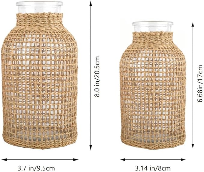 DOITOOL Rattan Vase Boho Woven Glass Vase, Country Rustic Style Wicker Floral Container, Farmhouse Flower Bottle for Floral Arrangements Housewarming Wedding Party Decoration (S+L)
