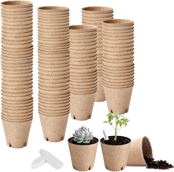 Fancypost 130 Pcs 3.15 Inch Organic Peat Pots with Drainage Holes - Biodegradable Seed Starter Pots for Seedlings, Plants & Garden Germination - Includes 130 Planting Labels