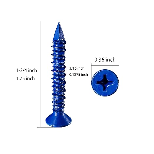 WenSilon(100 PCS) 3/16" x1-3/4 Concrete Screw Anchor Blue Flat Head for Anchoring to Masonry, Block or Brick Stucco
