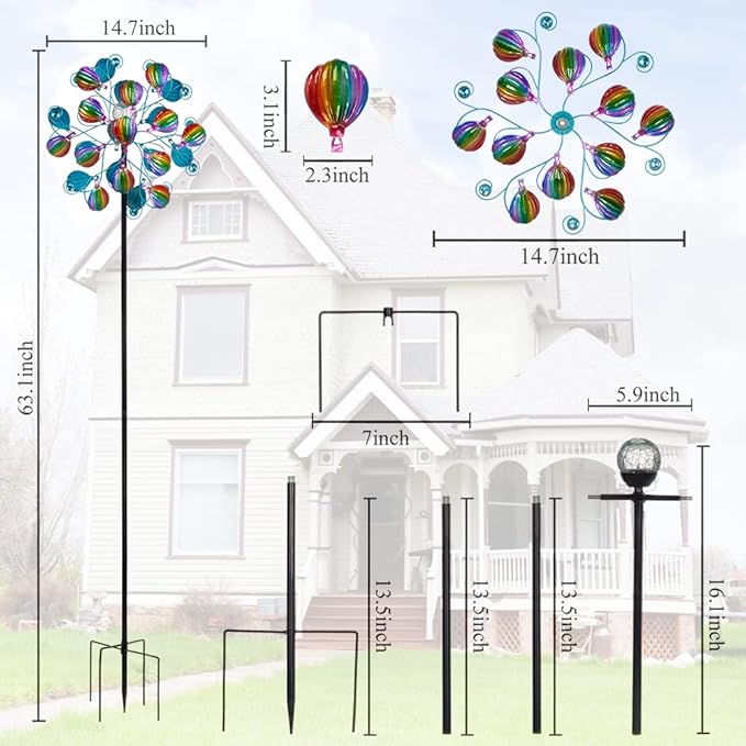 VEWOSTAR Solar Wind Spinners Outdoor,Hot Air Balloon Wind Spinner with LED Glass Ball,Muti-color Wind Spinners for Yard and Garden,Pinwheels Kinetic Wind Spinner,Wind Sculptures & Spinners for Pathway