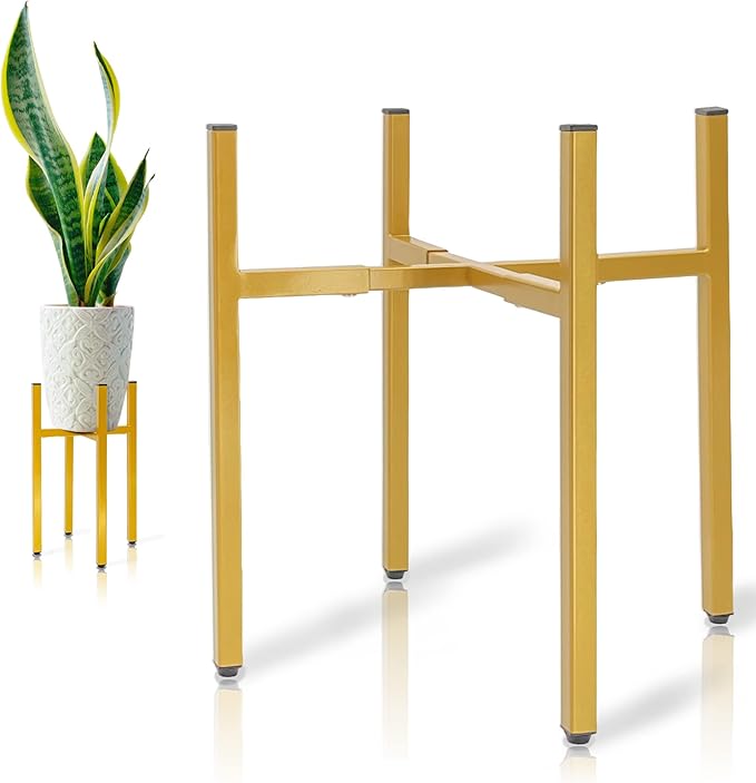RAINBLELAND Adjustable Metal Plant Stand, Indoor Outdoor, Width 8" to 14", Fits Small to Large Pots, Modern Golden Iron Plant Holder