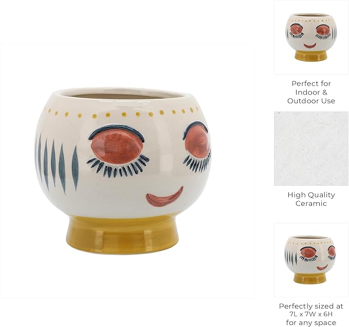Stoneware Ceramic Planter Pot – Indoor Planter for Plants and Flowers, Shelf, Desk, or Patio Outdoor Decor, Art-Inspired Face Design for Modern Home Decor – 6", Ivory, Yellow, Blue Glaze