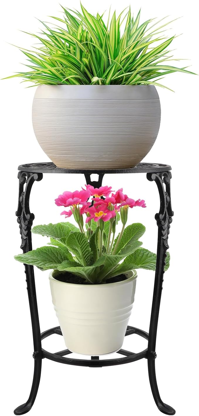 Fardtry Vintage Cast Iron Plant Stand, 18.8" Tall Flower Pot Holder, 2 Tiered Potted Planter Rack for Living Room, Bedroom, Kitchen, Porch (Black)
